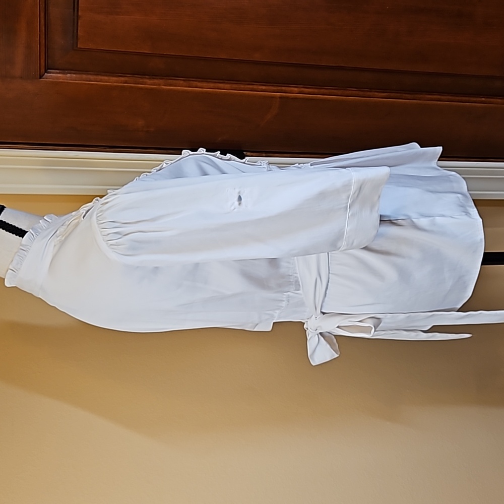 ANTILIA FEMME RUFFLE BLOUSE TOP STRETCH WHITE M TIE WAIST 3/4 SLEEVE - Picture 7 of 10